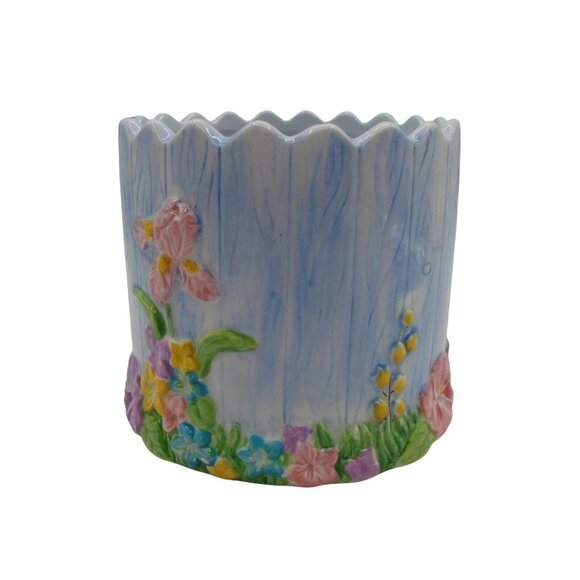 Hand Painted Floral Pattern Ceramic Planter Spring Easter Scalloped Edge Pastels - Picture 3 of 9